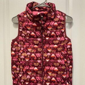Girls Burgundy and Pink Mushroom Print Puffer Vest - Size 14/16